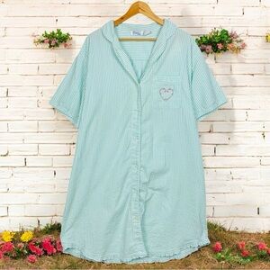 Dreams & Co. Vintage Seersucker Striped Floral Button Up Shirt Dress Nightgown L